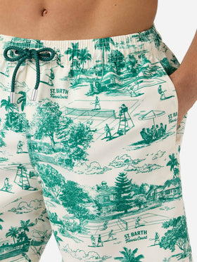 Costume mare Gustavia con stampa toile de jouy verde