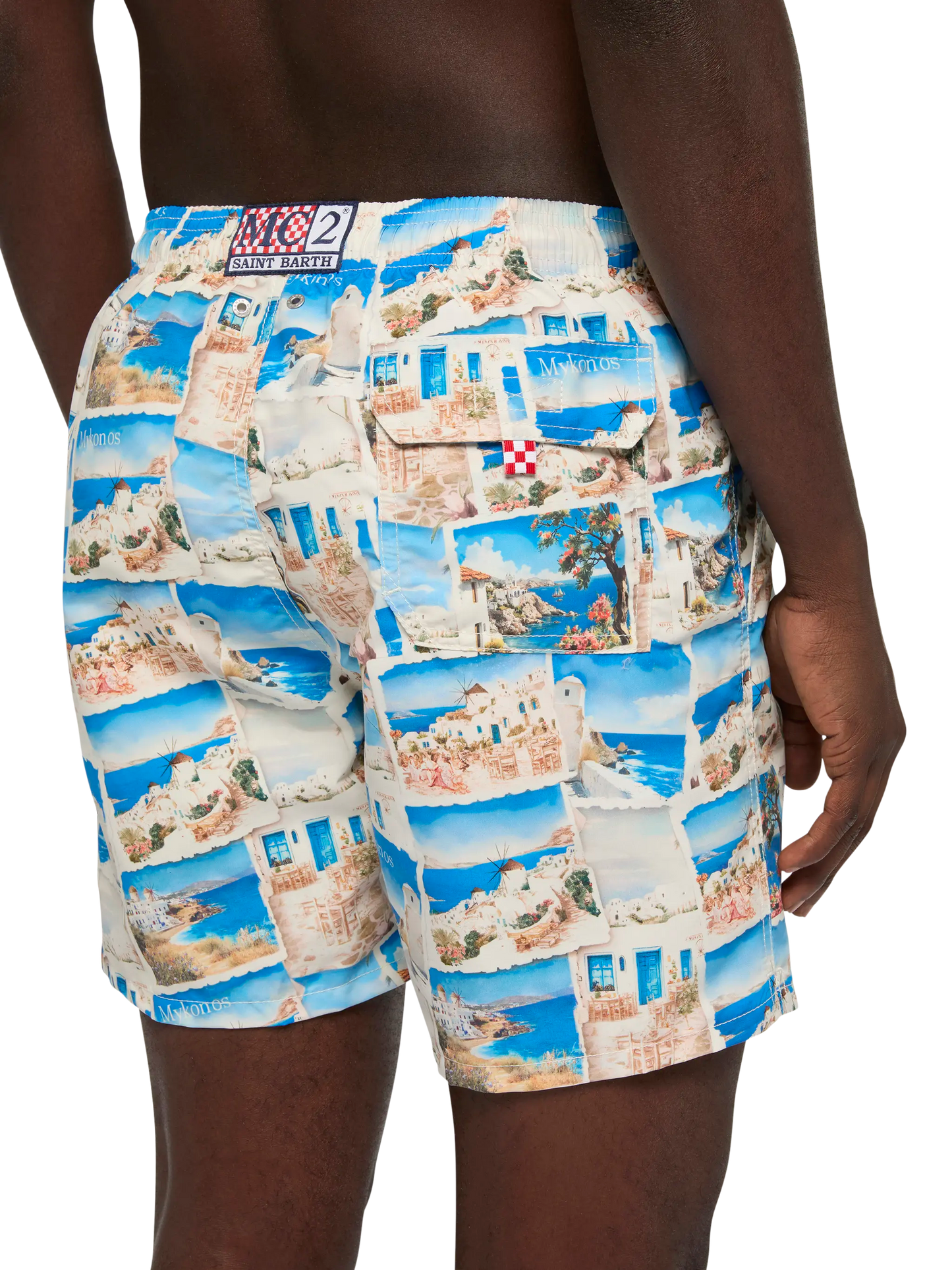 Mid-length Gustavia swim-shorts with Mykonos postcard print | AI CO-CREATED DESIGN BY RICKDICK - POWERED BY RED-EYE - MC2 Saint Barth