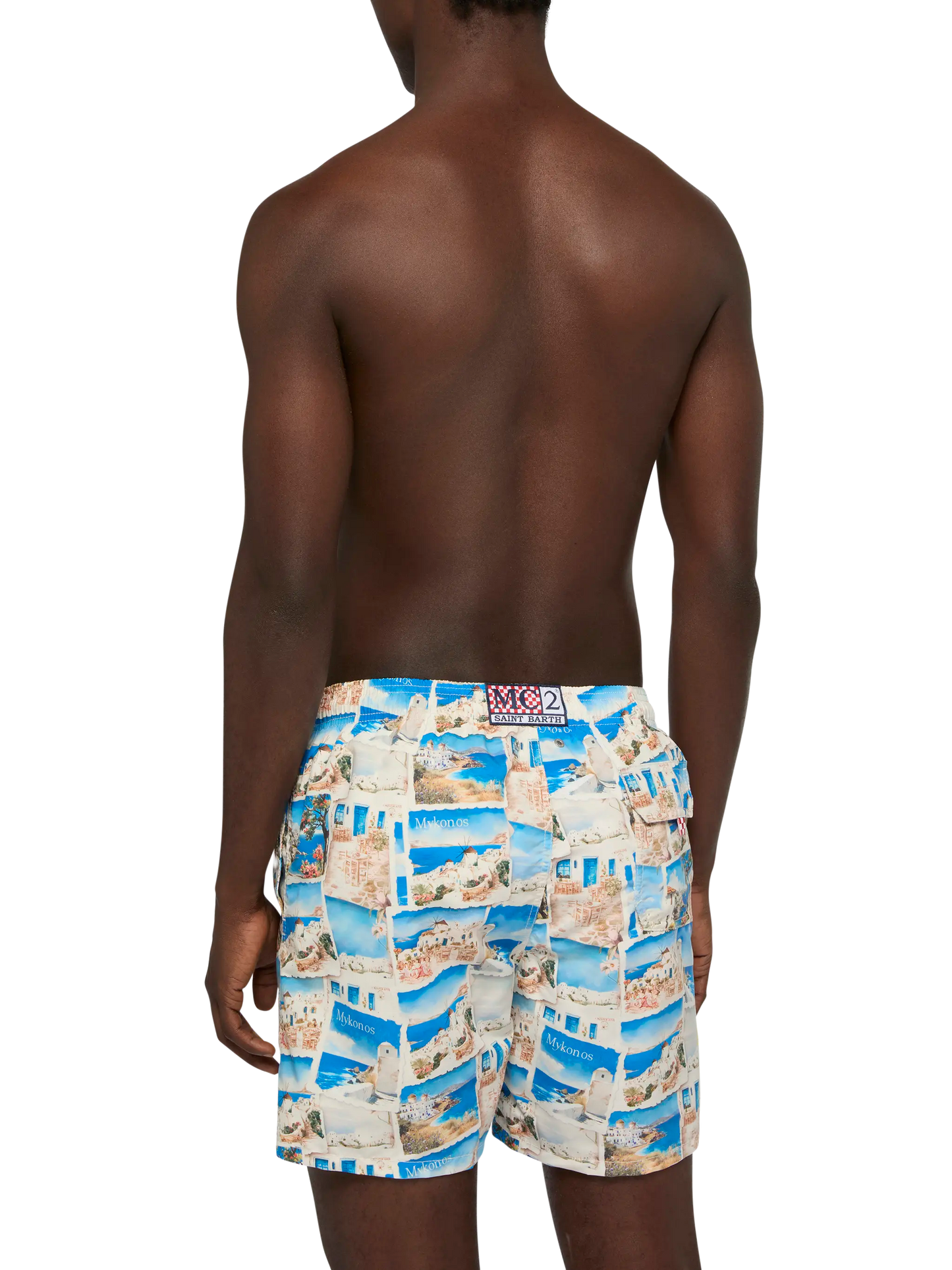 Mid-length Gustavia swim-shorts with Mykonos postcard print | AI CO-CREATED DESIGN BY RICKDICK - POWERED BY RED-EYE - MC2 Saint Barth