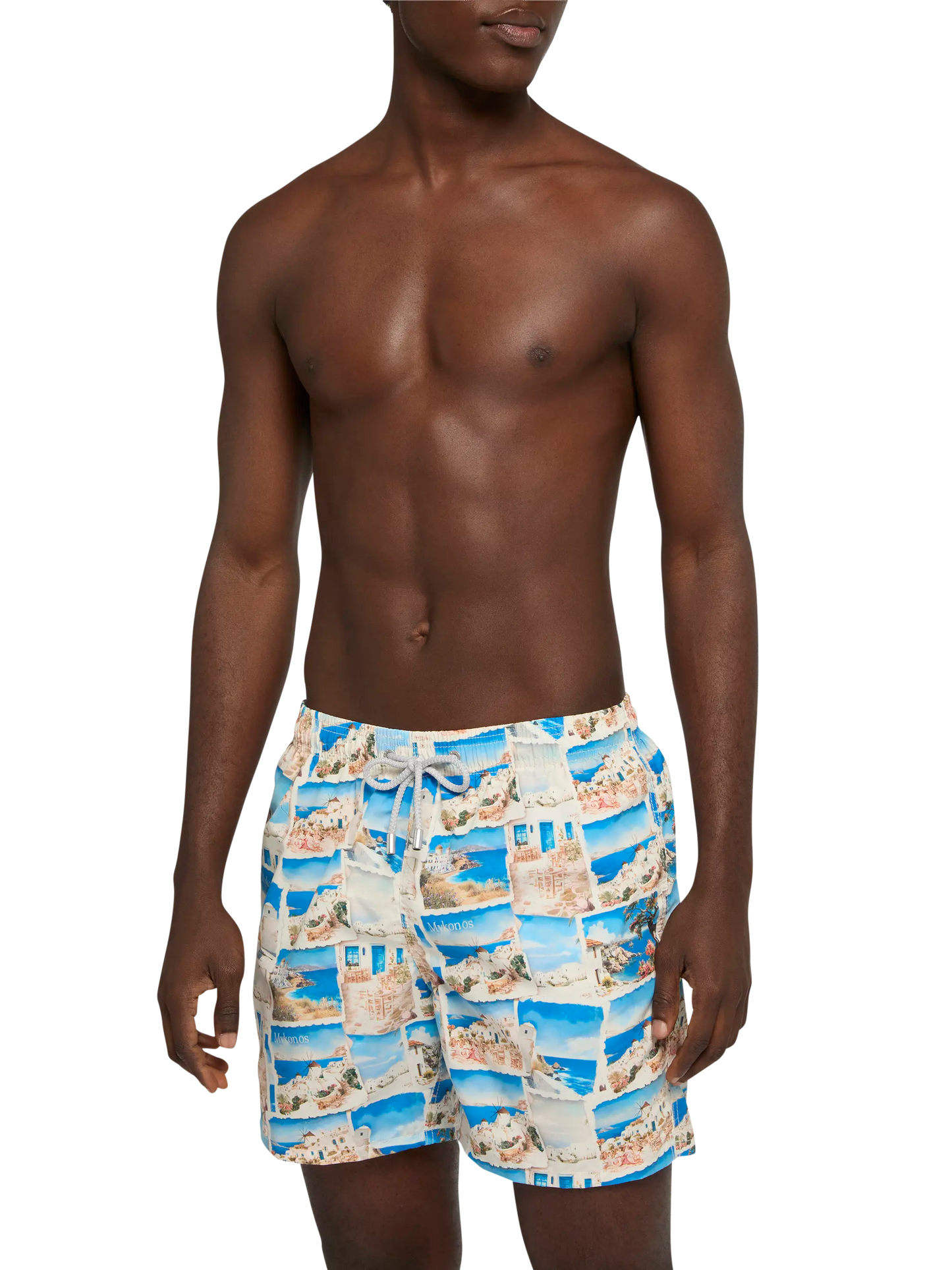 Mid-length Gustavia swim-shorts with Mykonos postcard print | AI CO-CREATED DESIGN BY RICKDICK - POWERED BY RED-EYE - MC2 Saint Barth