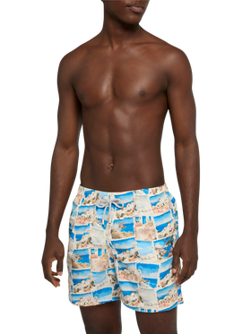 Mid-length Gustavia swim-shorts with Mykonos postcard print | AI CO-CREATED DESIGN BY RICKDICK - POWERED BY RED-EYE - MC2 Saint Barth