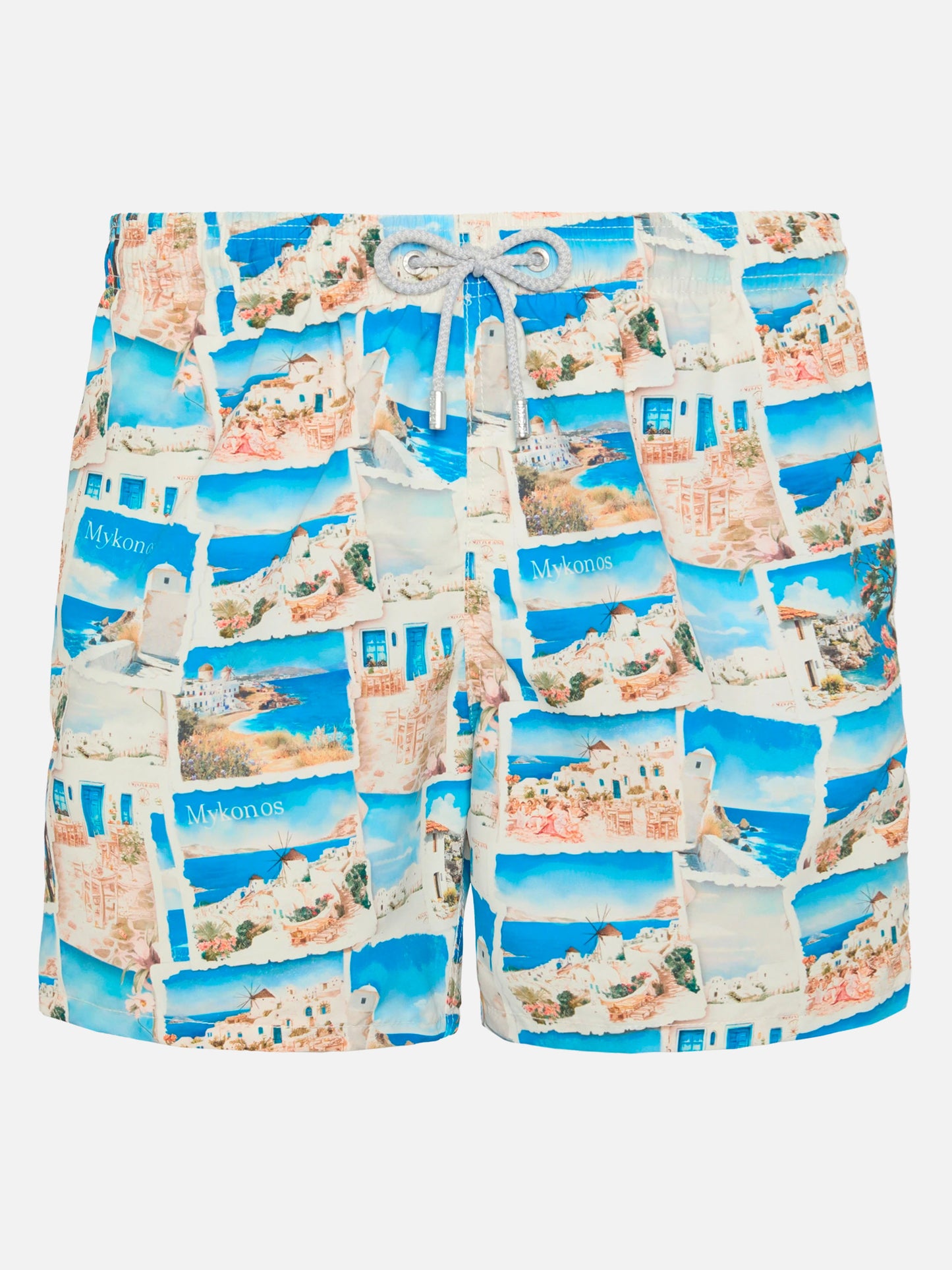 Mid-length Gustavia swim-shorts with Mykonos postcard print | AI CO-CREATED DESIGN BY RICKDICK - POWERED BY RED-EYE