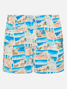 Mid-length Gustavia swim-shorts with Mykonos postcard print | AI CO-CREATED DESIGN BY RICKDICK - POWERED BY RED-EYE