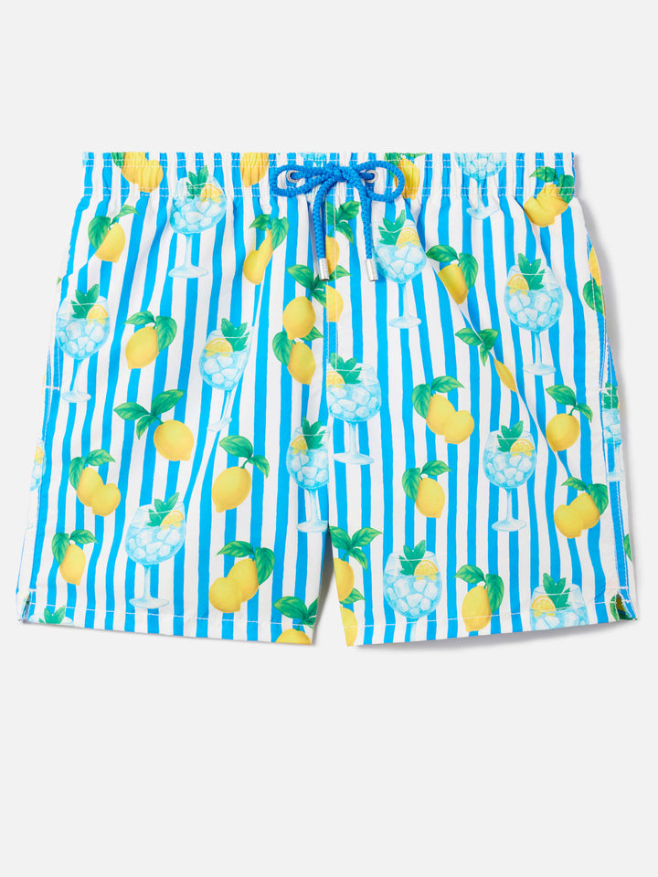 Gustavia striped swim shorts with gin tonic and lemon print