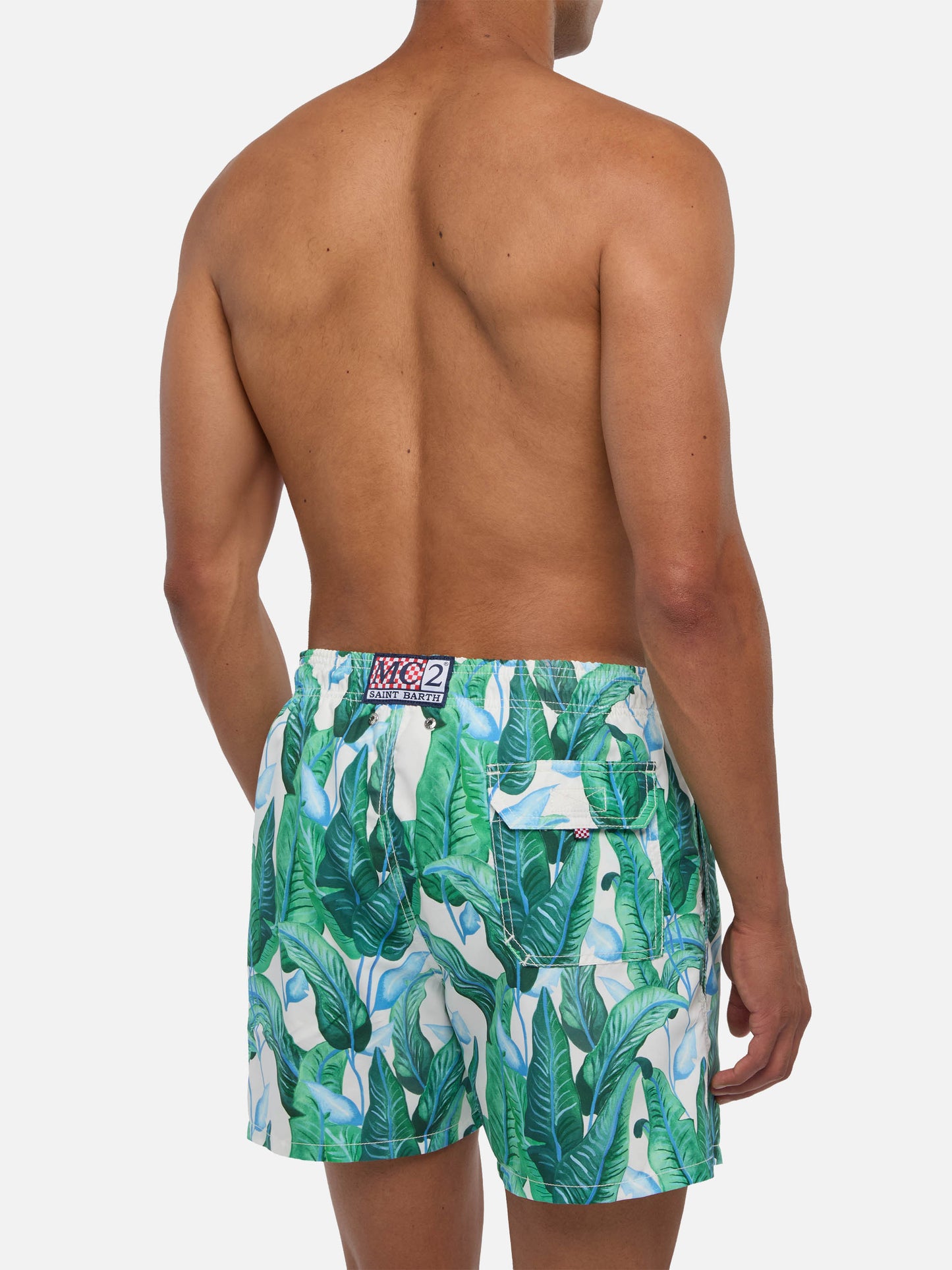 Mittellange Badeshorts mit tropischem Blätterprint