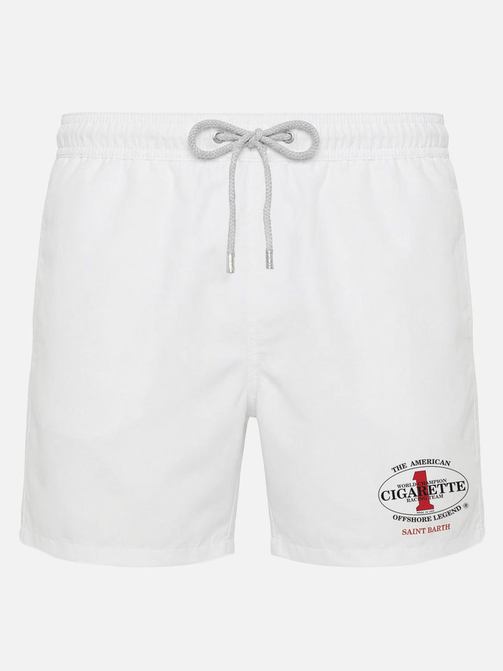Gustavia white swim shorts with Cigarette embroidery | Special Edition