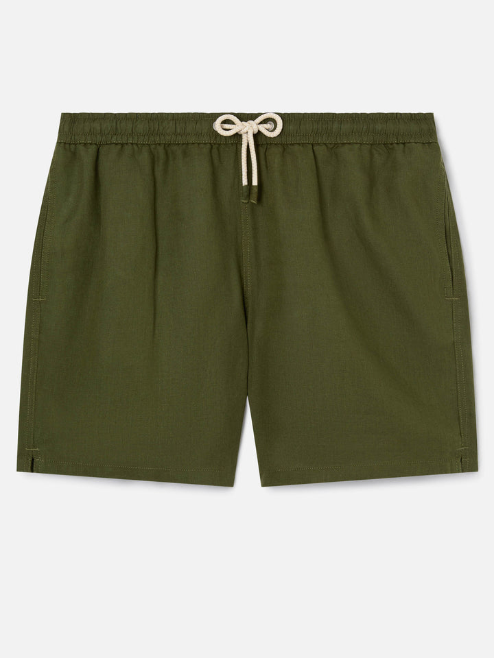 Mittellange militärgrüne Leinen-Badeshorts Gustavia