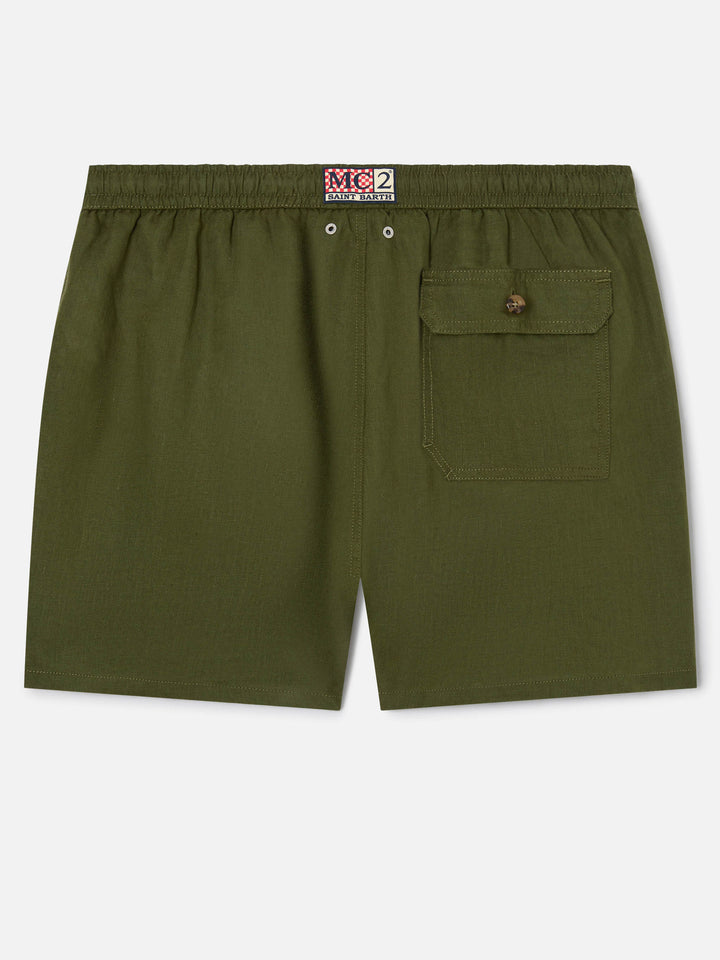 Mittellange militärgrüne Leinen-Badeshorts Gustavia