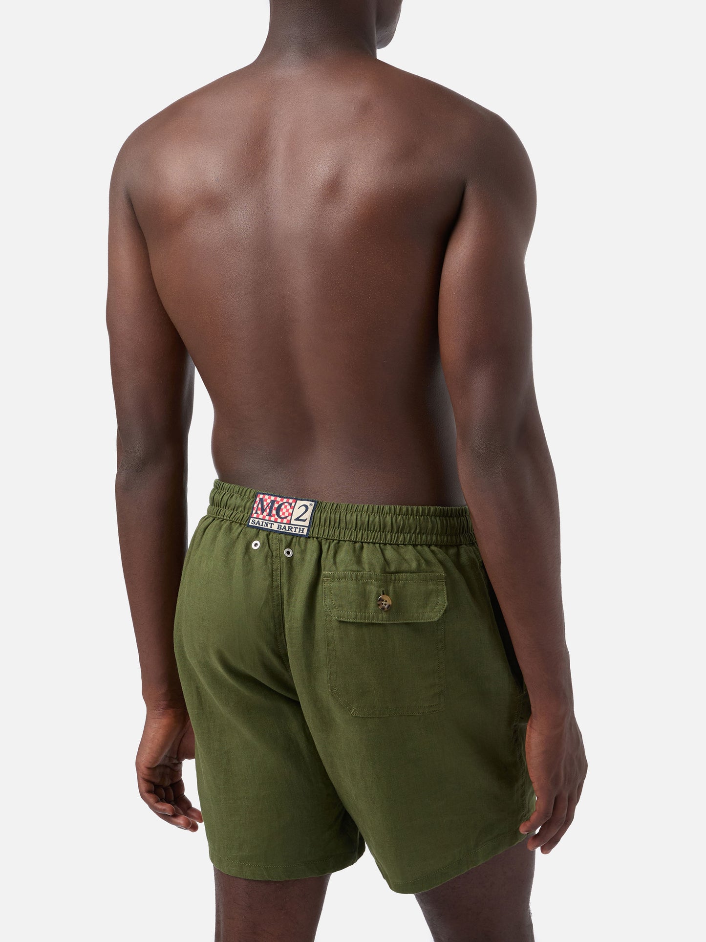 Bañador short de lino liso verde militar Gustavia 