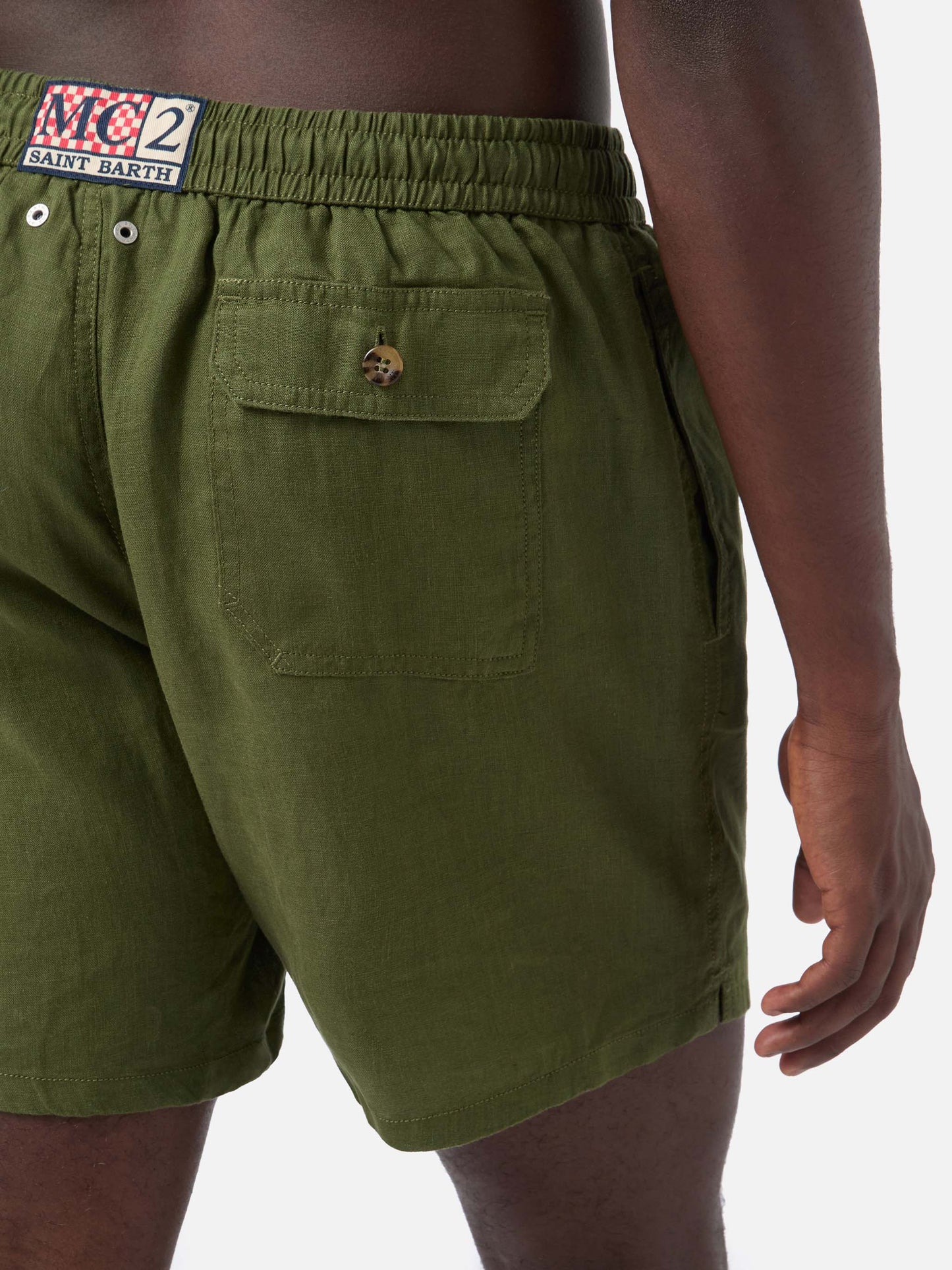 Bañador short de lino liso verde militar Gustavia 