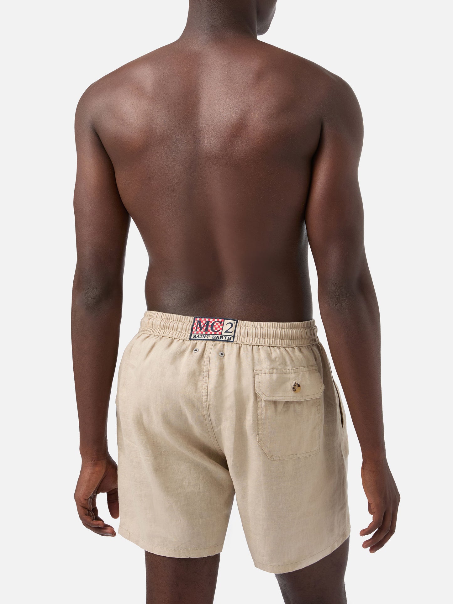Mittellange beige Leinen-Badeshorts Gustavia