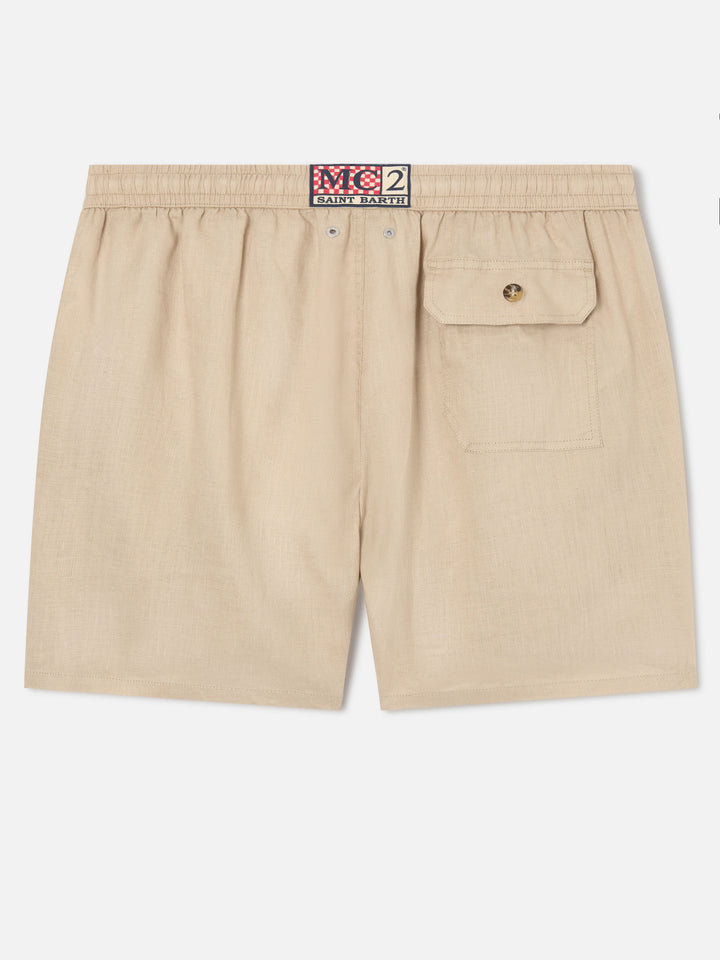 Mittellange beige Leinen-Badeshorts Gustavia