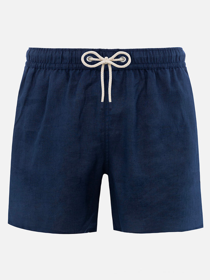 Mid-length navy blue linen swim-shorts Gustavia