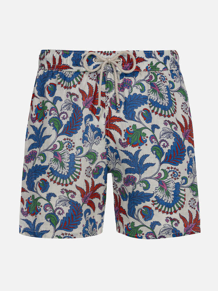 Man mid-length linen swim-shorts Gustavia with flower print - MC2 Saint Barth