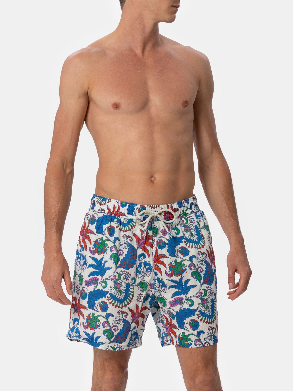 Man mid-length linen swim-shorts Gustavia with flower print - MC2 Saint Barth