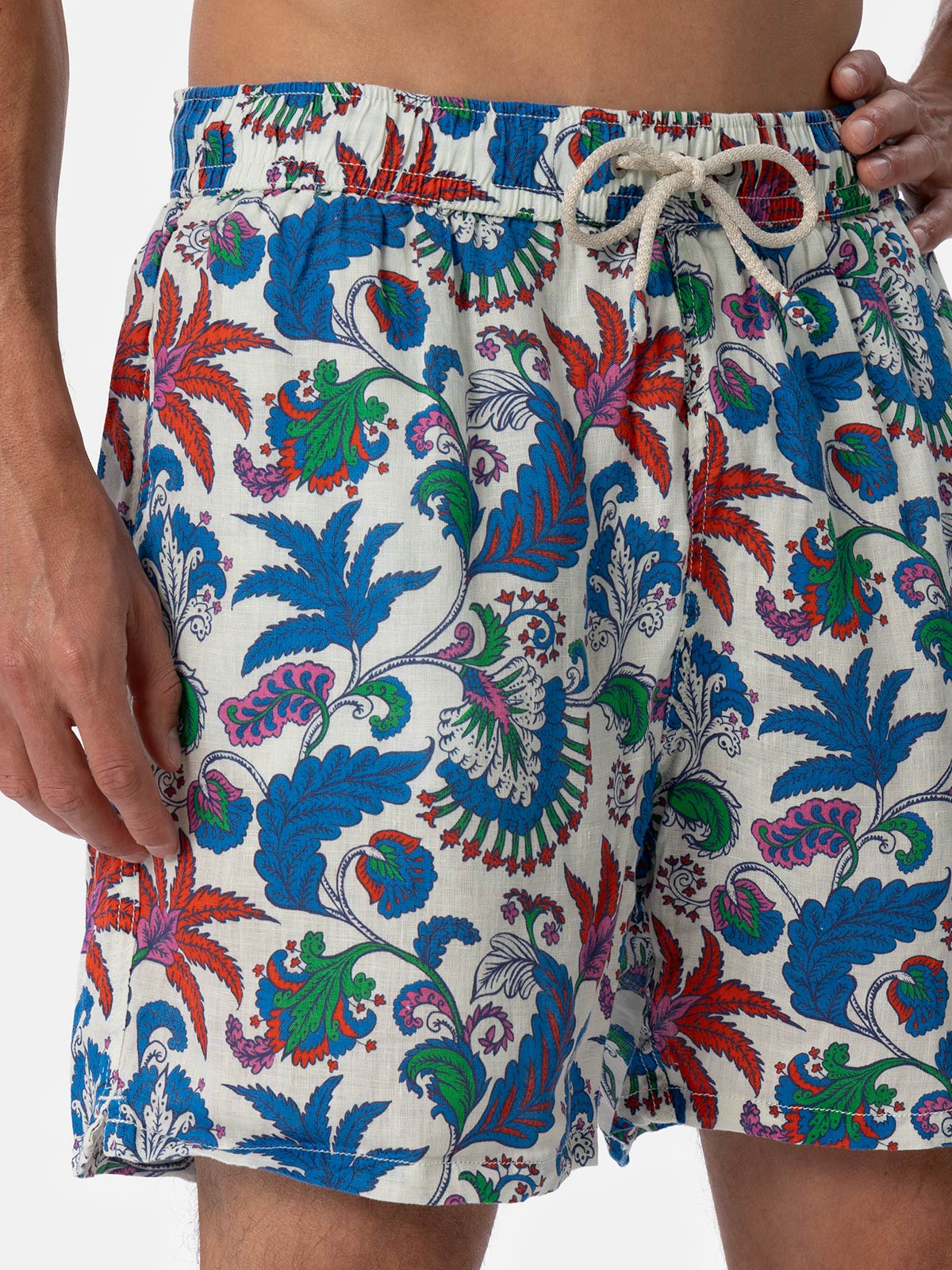 Man mid-length linen swim-shorts Gustavia with flower print - MC2 Saint Barth