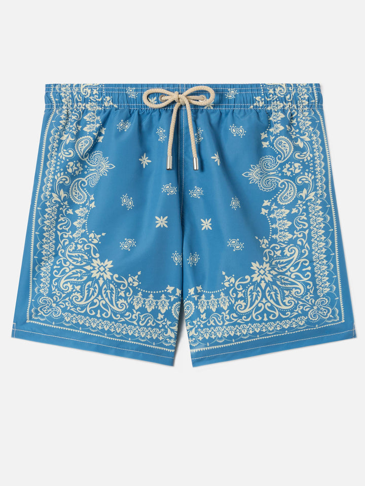 Gustavia light blue swim shorts with bandana print