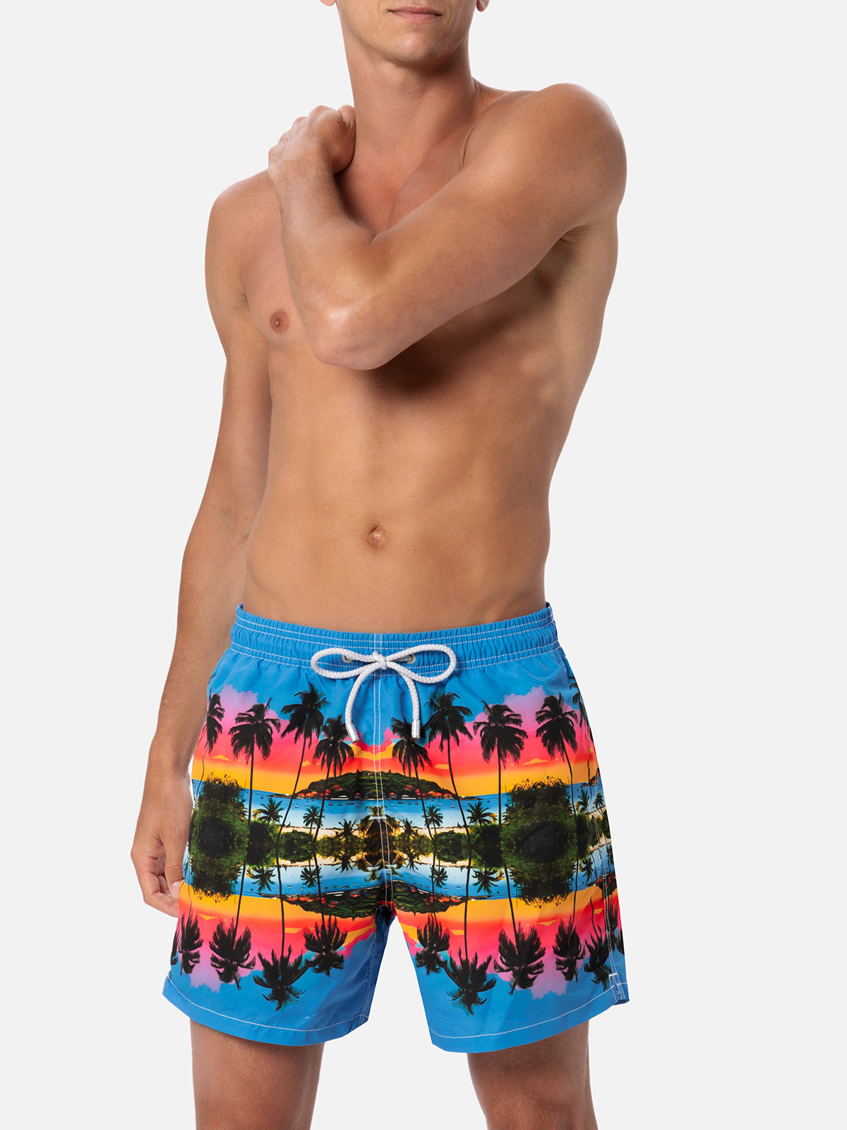 Man mid-length Gustavia swim-shorts with palms landscape placed print | AI CO-CREATED DESIGN BY RICKDICK - POWERED BY RED-EYE - MC2 Saint Barth