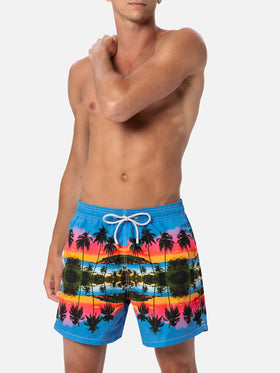 Man mid-length Gustavia swim-shorts with palms landscape placed print | AI CO-CREATED DESIGN BY RICKDICK - POWERED BY RED-EYE - MC2 Saint Barth