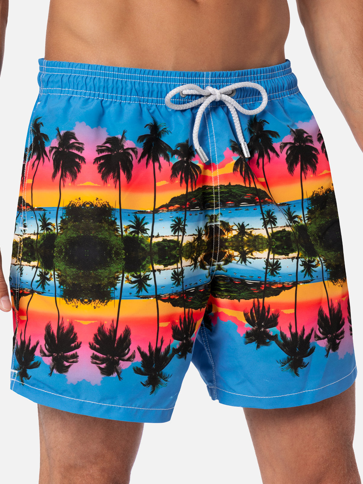 Man mid-length Gustavia swim-shorts with palms landscape placed print | AI CO-CREATED DESIGN BY RICKDICK - POWERED BY RED-EYE - MC2 Saint Barth
