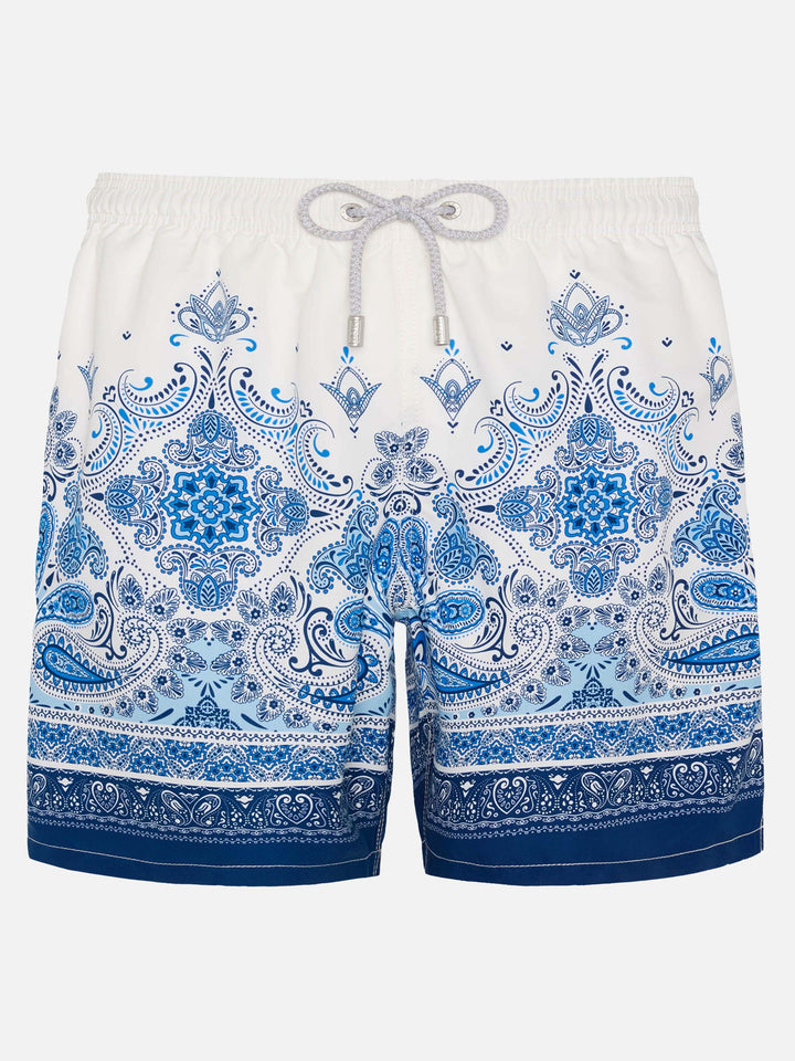Mid-length Gustavia swim-shorts with paisley placed print