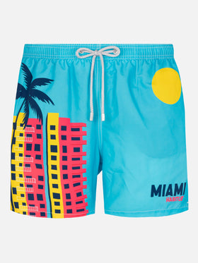 Mid-length Gustavia swim-shorts with Miami postcard placed print - MC2 Saint Barth