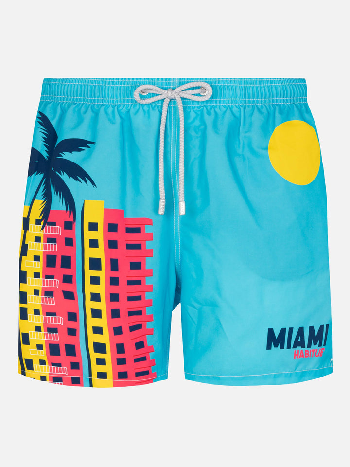 Mid-length Gustavia swim-shorts with Miami postcard placed print - MC2 Saint Barth