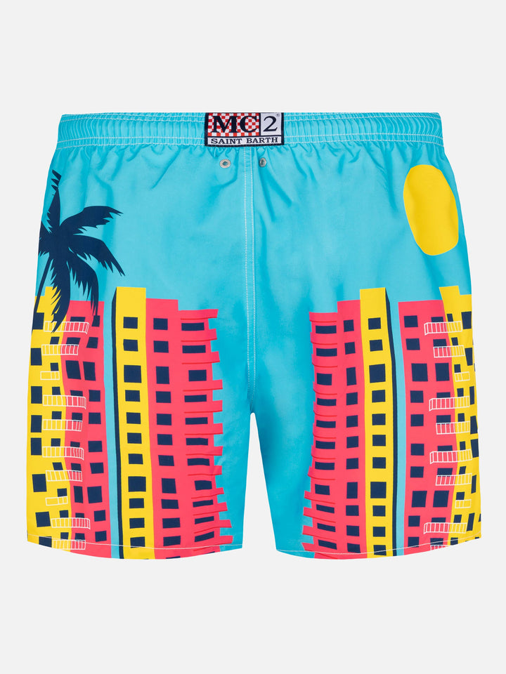 Mid-length Gustavia swim-shorts with Miami postcard placed print - MC2 Saint Barth