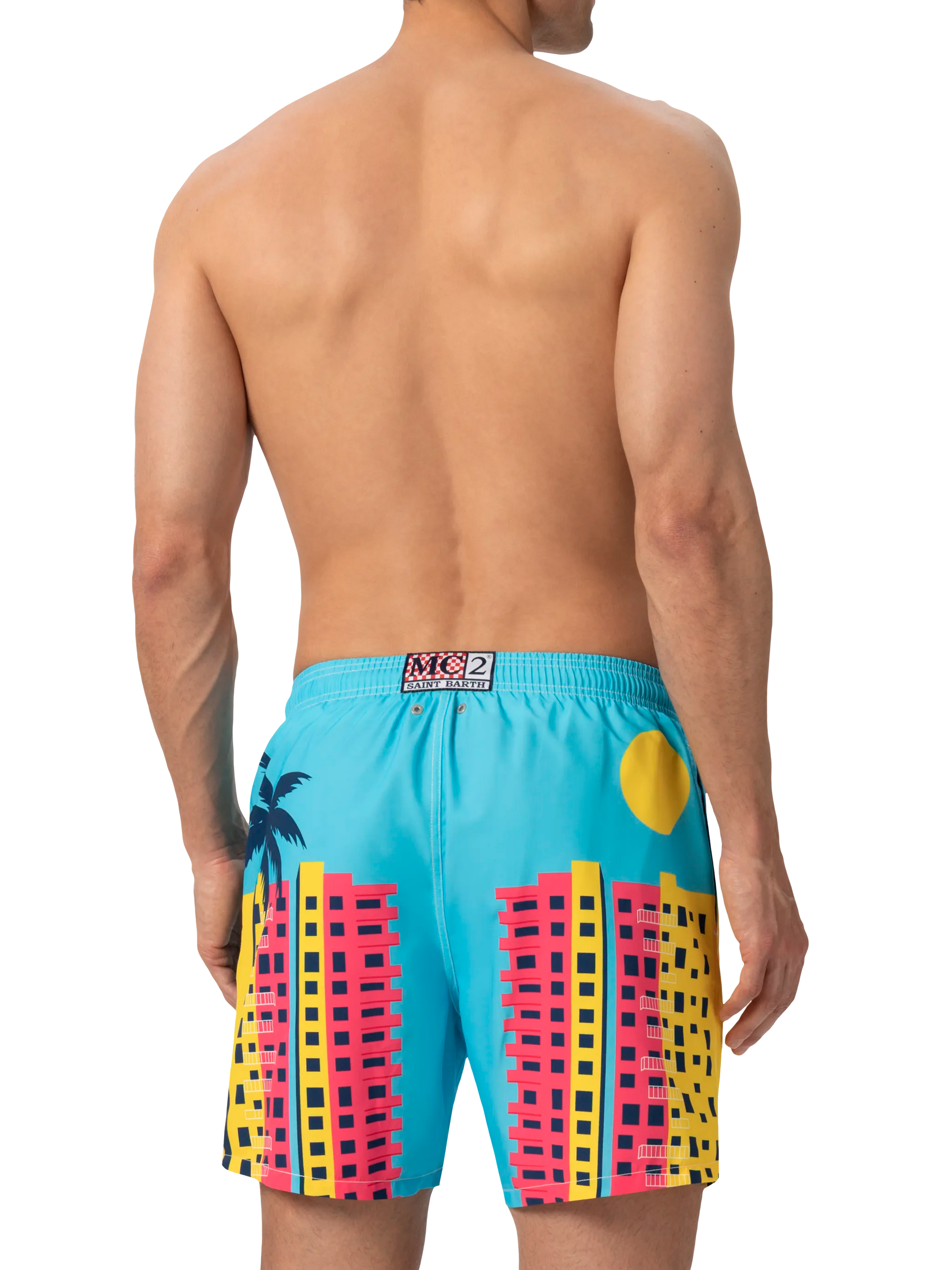 Mid-length Gustavia swim-shorts with Miami postcard placed print - MC2 Saint Barth