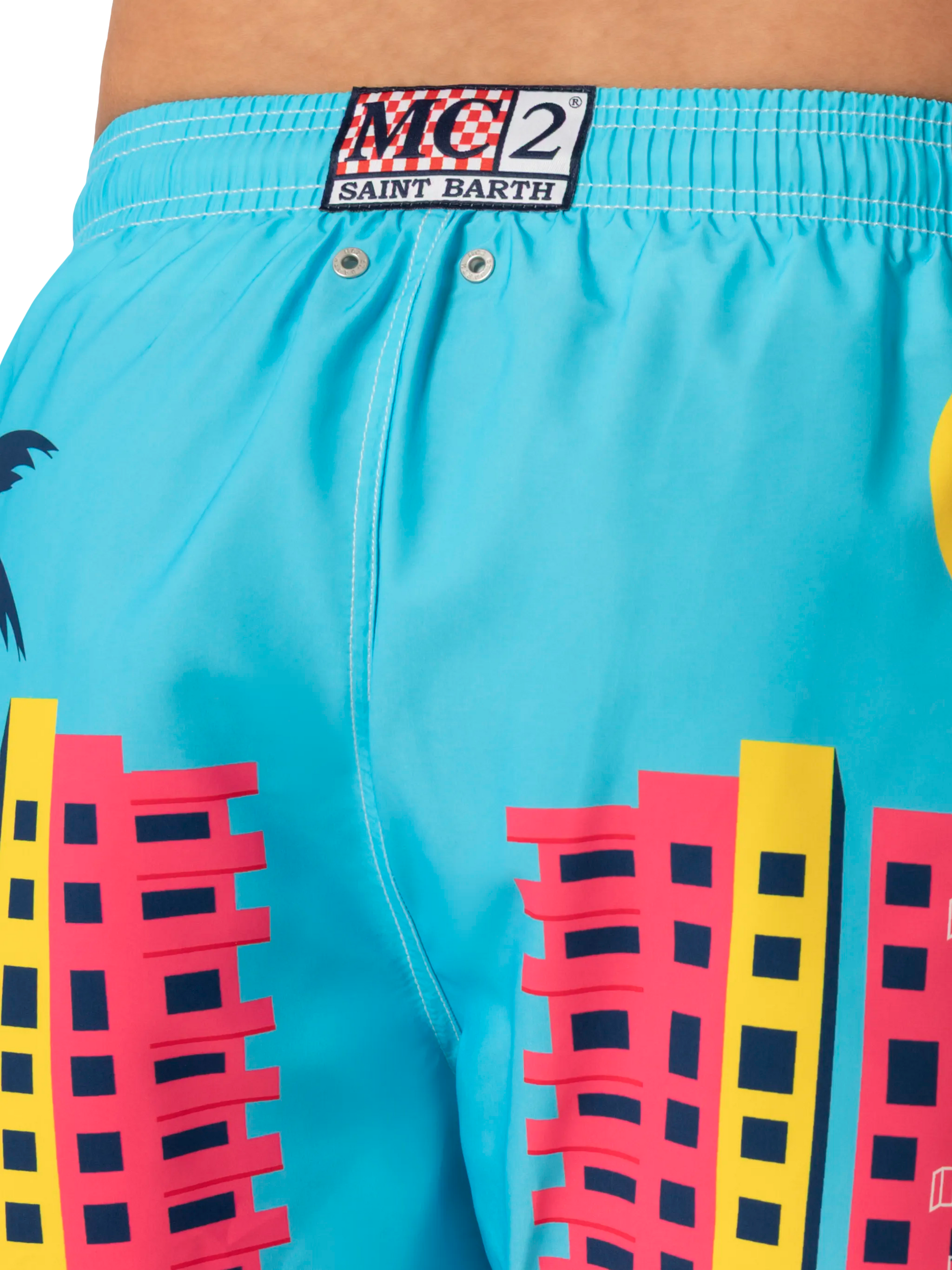 Mid-length Gustavia swim-shorts with Miami postcard placed print - MC2 Saint Barth