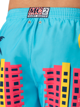 Mid-length Gustavia swim-shorts with Miami postcard placed print - MC2 Saint Barth