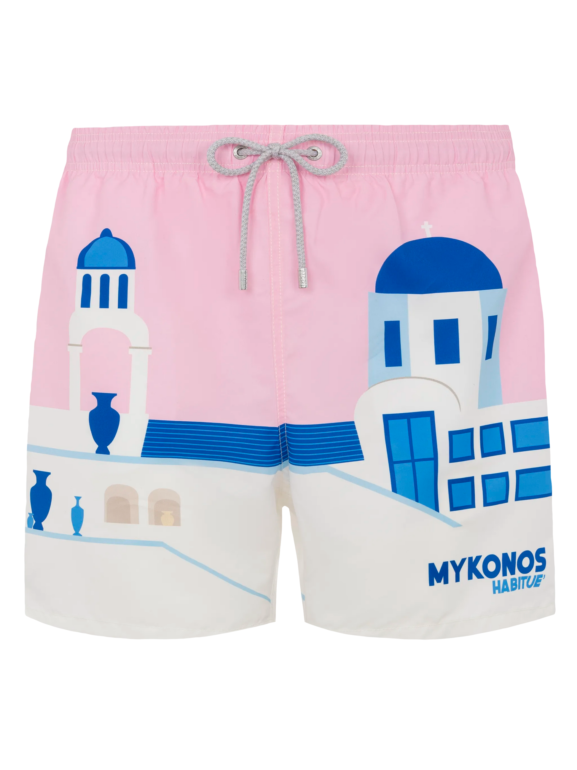 Mid-length Gustavia swim-shorts with Mykonos postcard placed print - MC2 Saint Barth