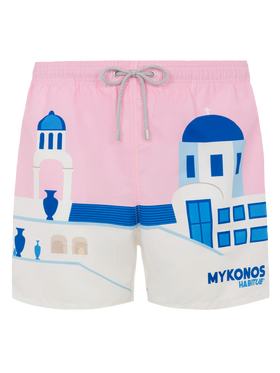 Mid-length Gustavia swim-shorts with Mykonos postcard placed print - MC2 Saint Barth