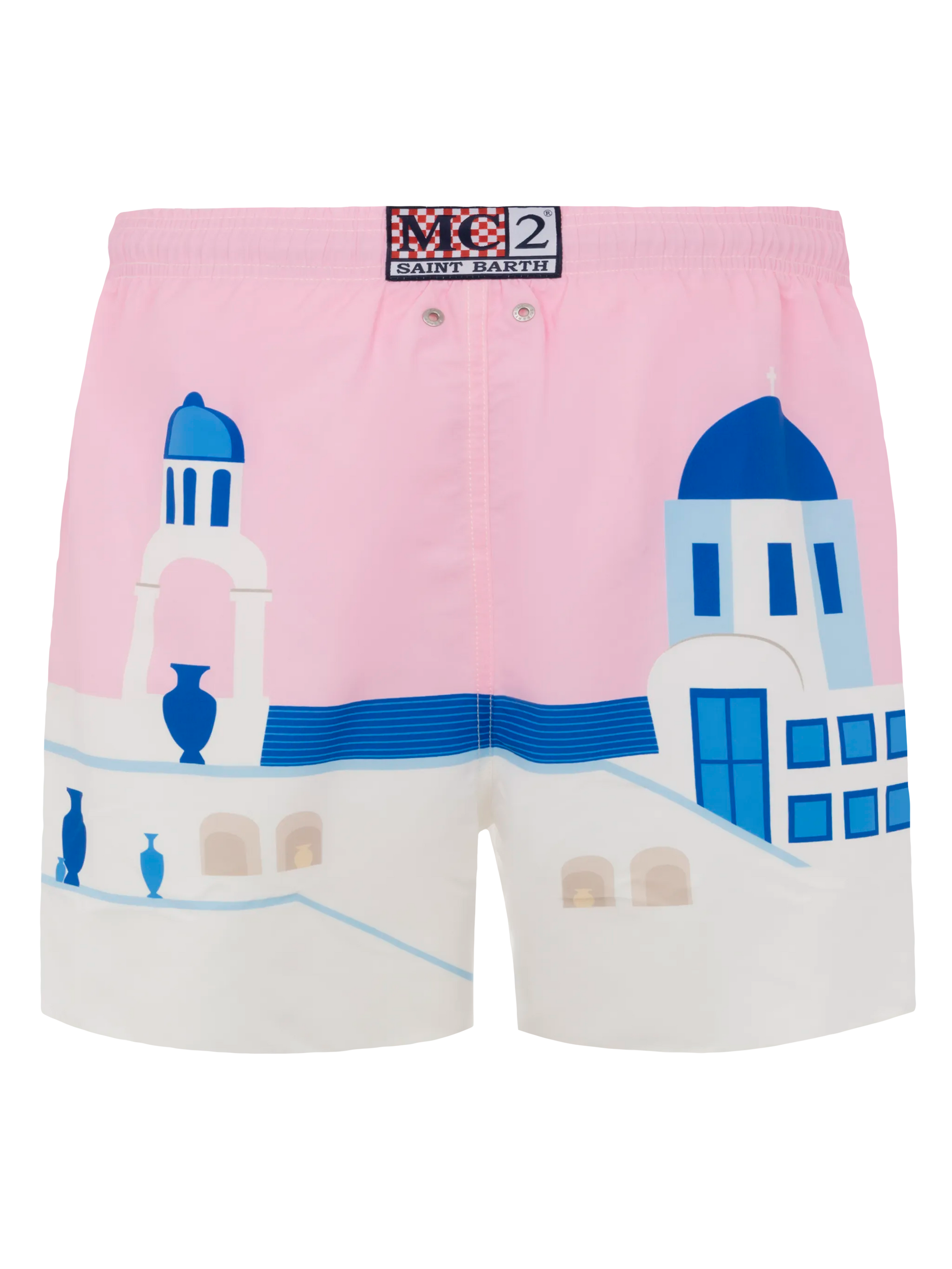 Mid-length Gustavia swim-shorts with Mykonos postcard placed print - MC2 Saint Barth