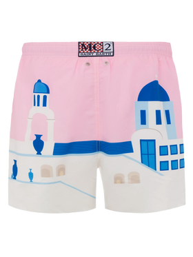 Mid-length Gustavia swim-shorts with Mykonos postcard placed print - MC2 Saint Barth