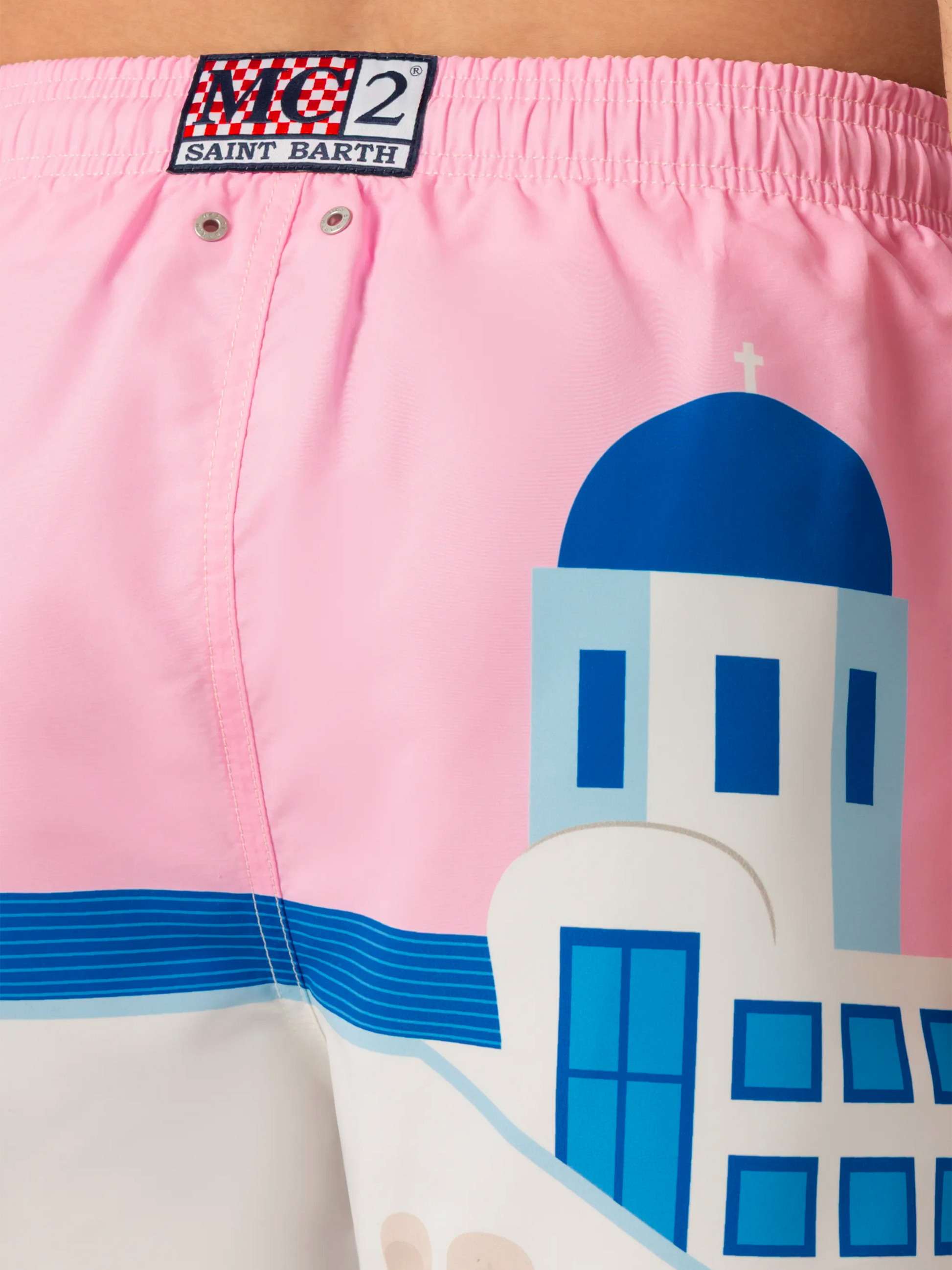 Mid-length Gustavia swim-shorts with Mykonos postcard placed print - MC2 Saint Barth
