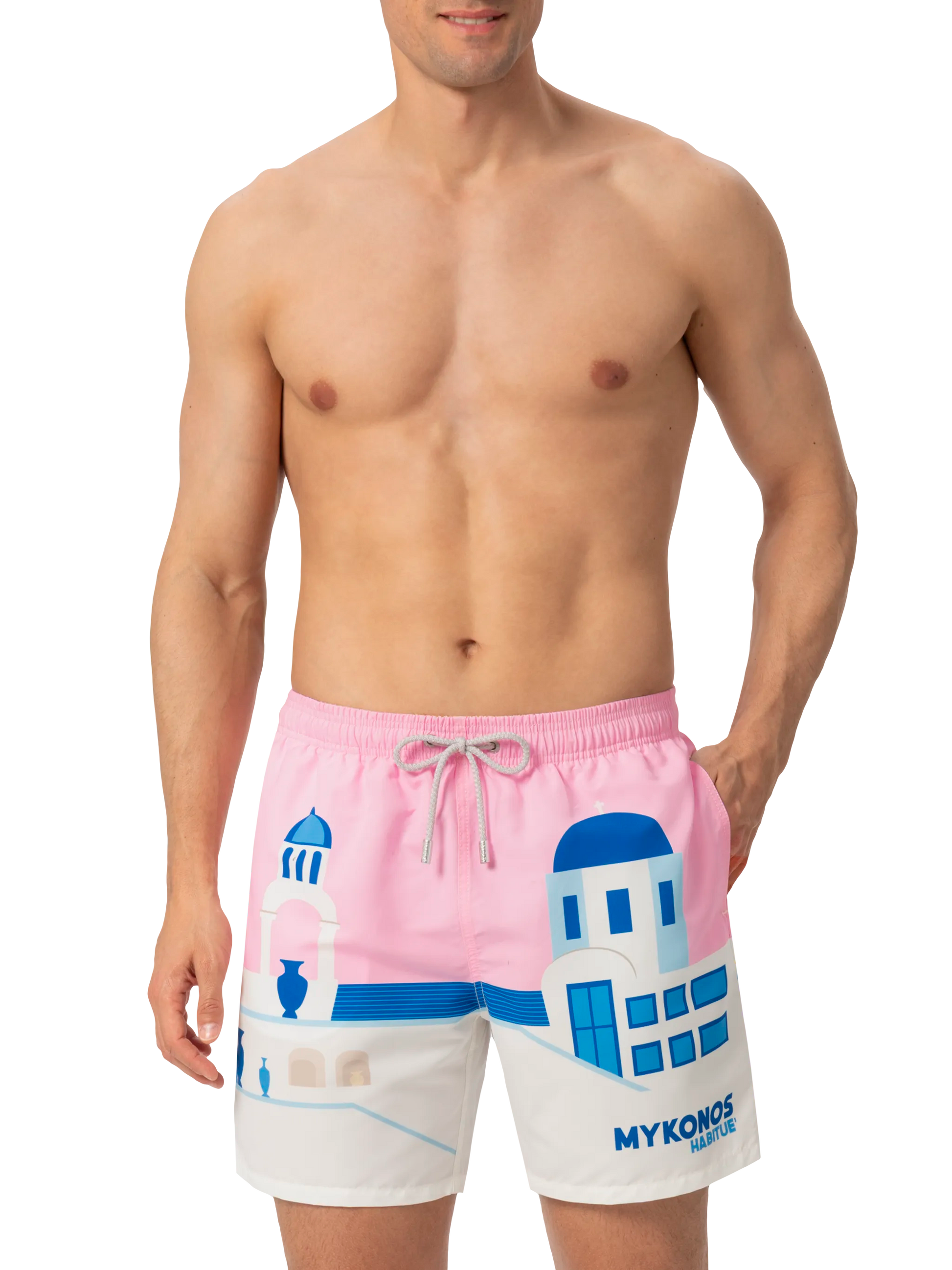 Mid-length Gustavia swim-shorts with Mykonos postcard placed print - MC2 Saint Barth