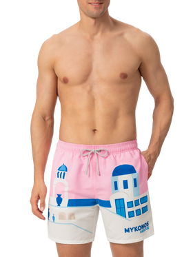 Mid-length Gustavia swim-shorts with Mykonos postcard placed print - MC2 Saint Barth