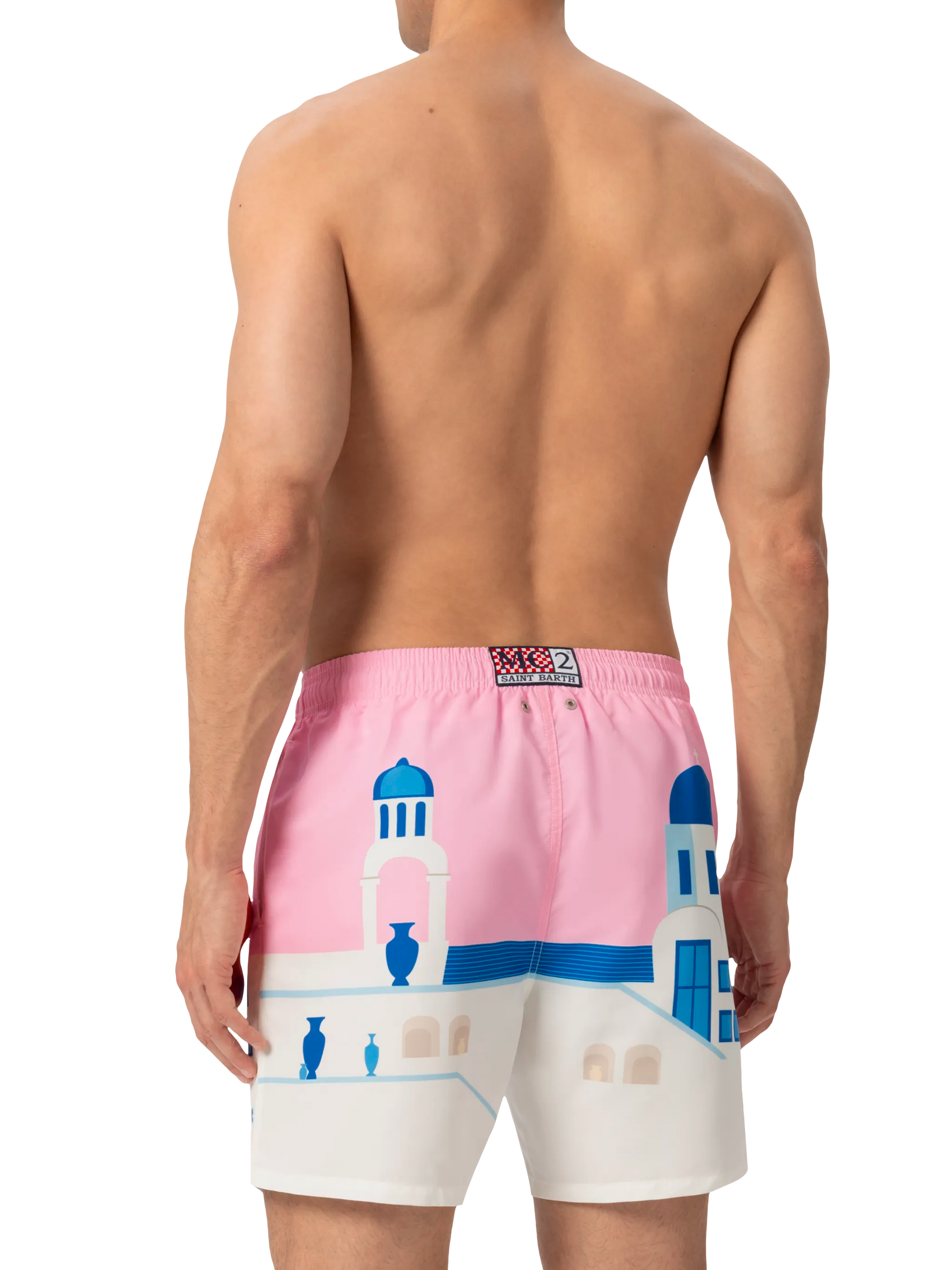 Mid-length Gustavia swim-shorts with Mykonos postcard placed print - MC2 Saint Barth