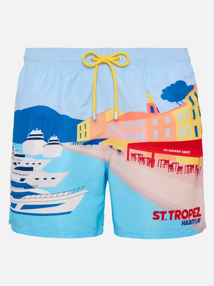 Mittellange Badeshorts Gustavia mit platziertem St. Tropez-Postkartendruck