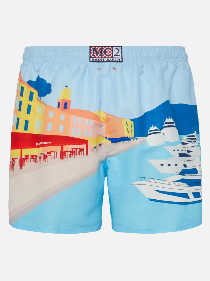 Mittellange Badeshorts Gustavia mit platziertem St. Tropez-Postkartendruck