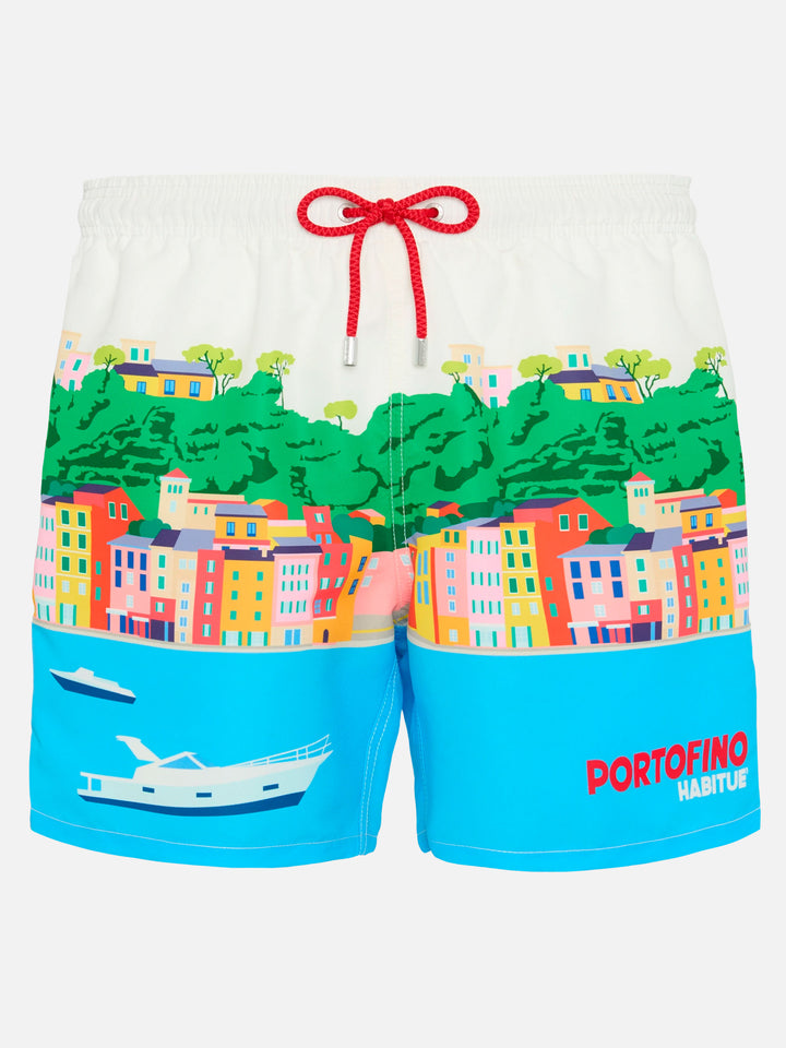 Mittellange Badeshorts Gustavia mit platziertem Portofino-Postkartendruck
