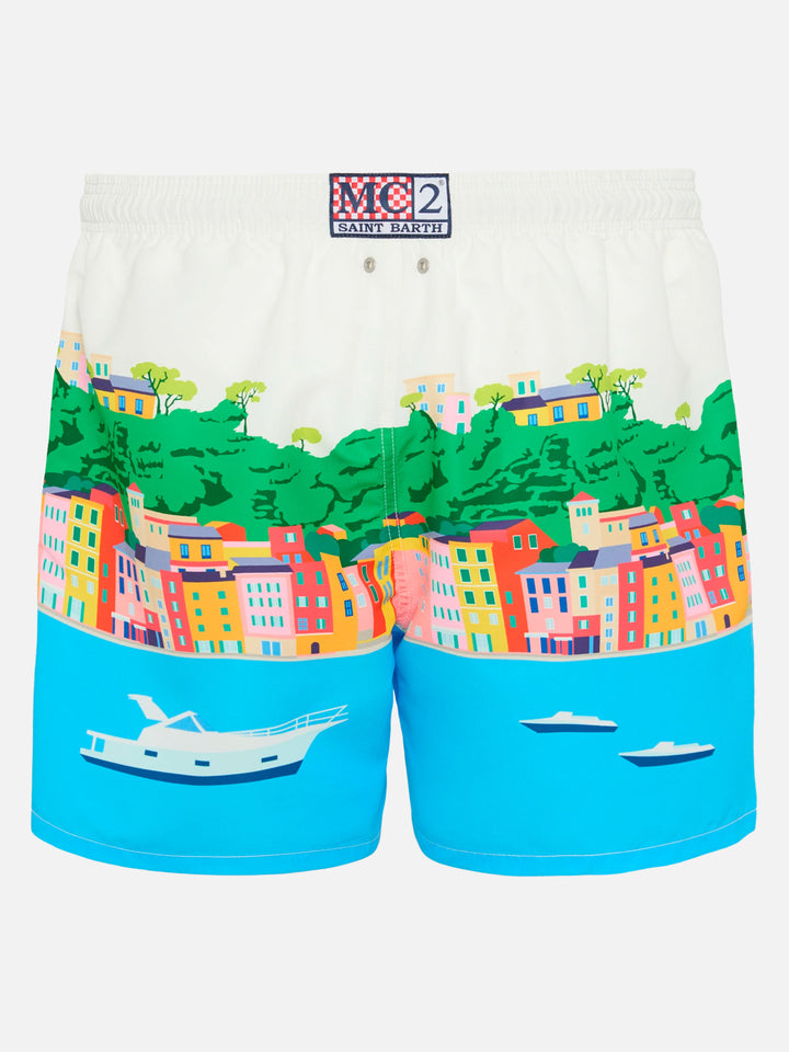 Mittellange Badeshorts Gustavia mit platziertem Portofino-Postkartendruck