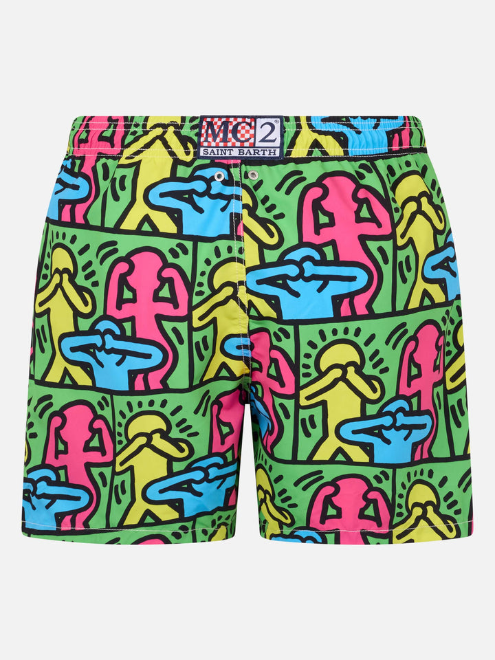 Man mid-length Gustavia swim-shorts with Keith Haring design placed print| KEITH HARING SPECIAL EDITION - MC2 Saint Barth