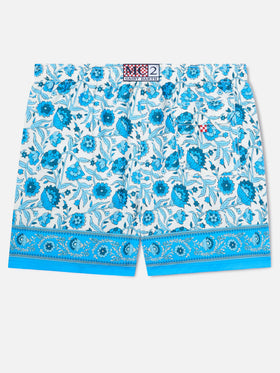 Gustavia-Badehose mit blauem Batik-Blumenprint 