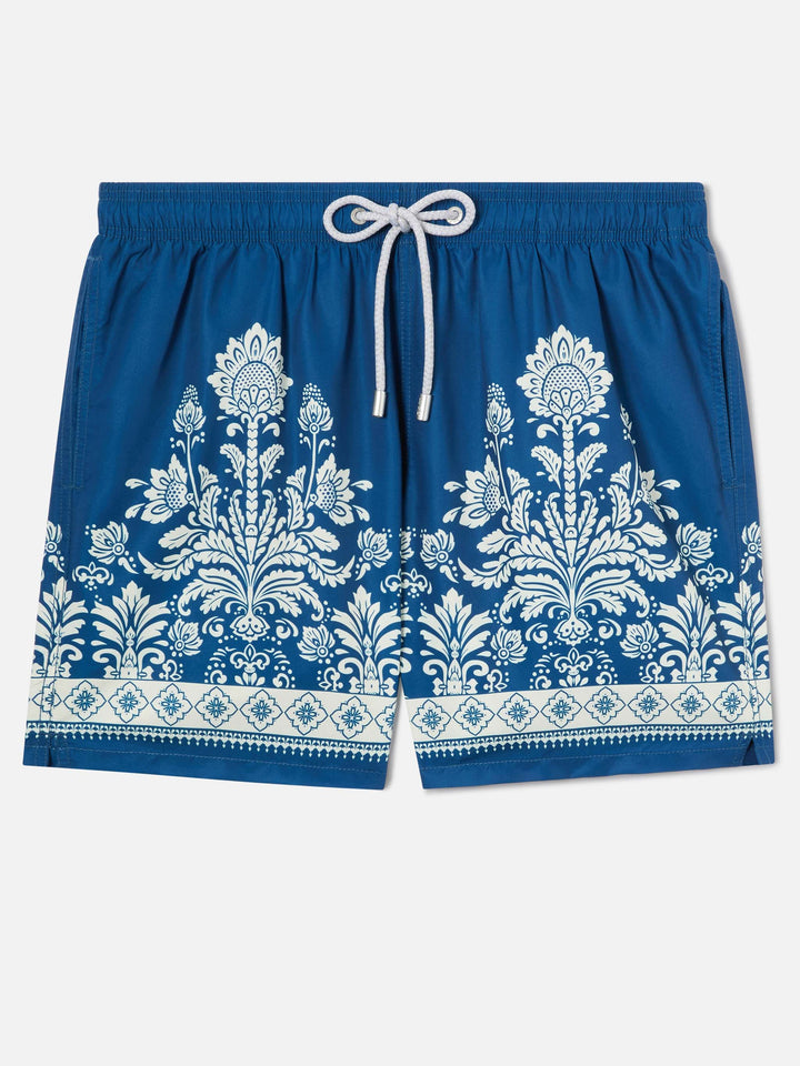 Bañador corto azul Gustavia con estampado floral ornamental 