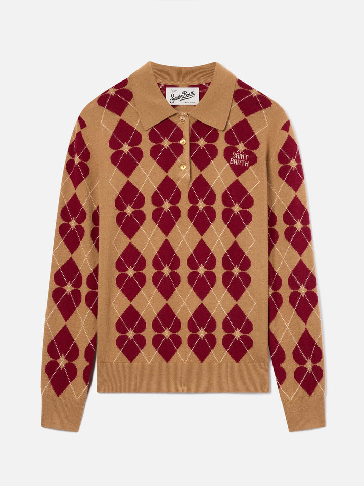 Pull Hadidy à col polo en mélange de laine et cachemire avec motif argyle et cœurs 