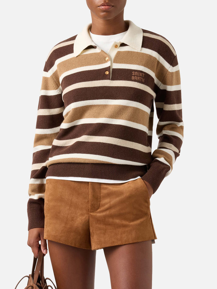 Pull Hadidy à col polo en mélange de laine et cachemire avec rayures multicolores 