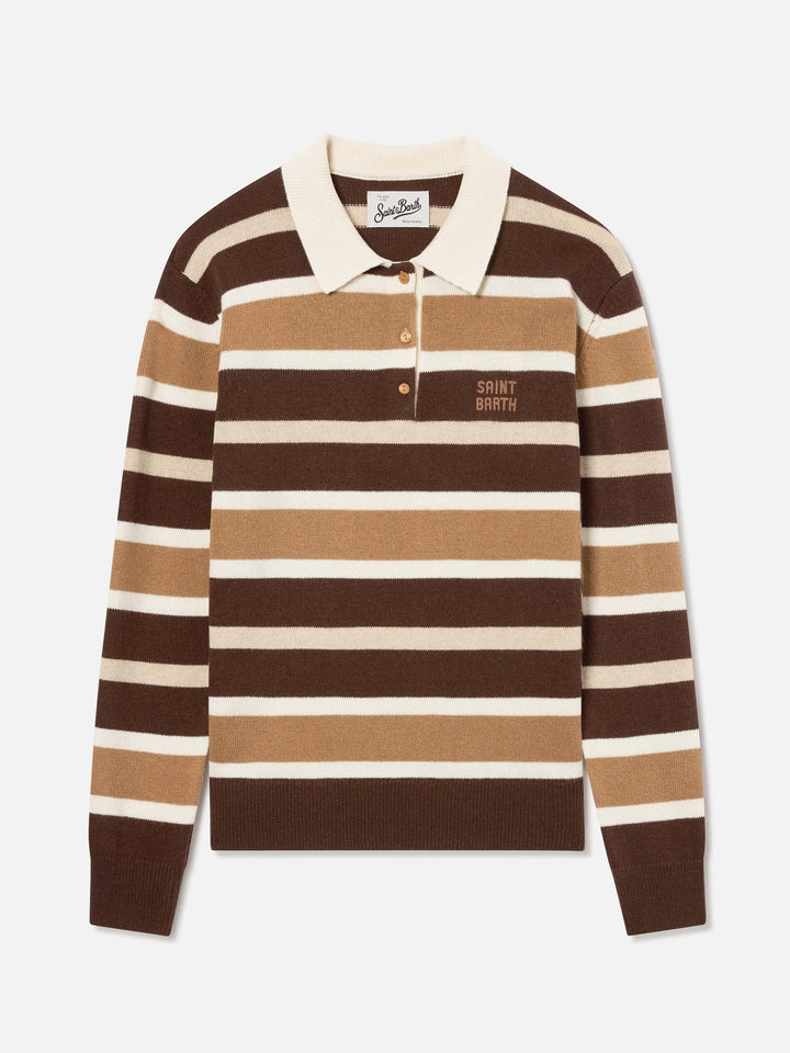 Pull Hadidy à col polo en mélange de laine et cachemire avec rayures multicolores 