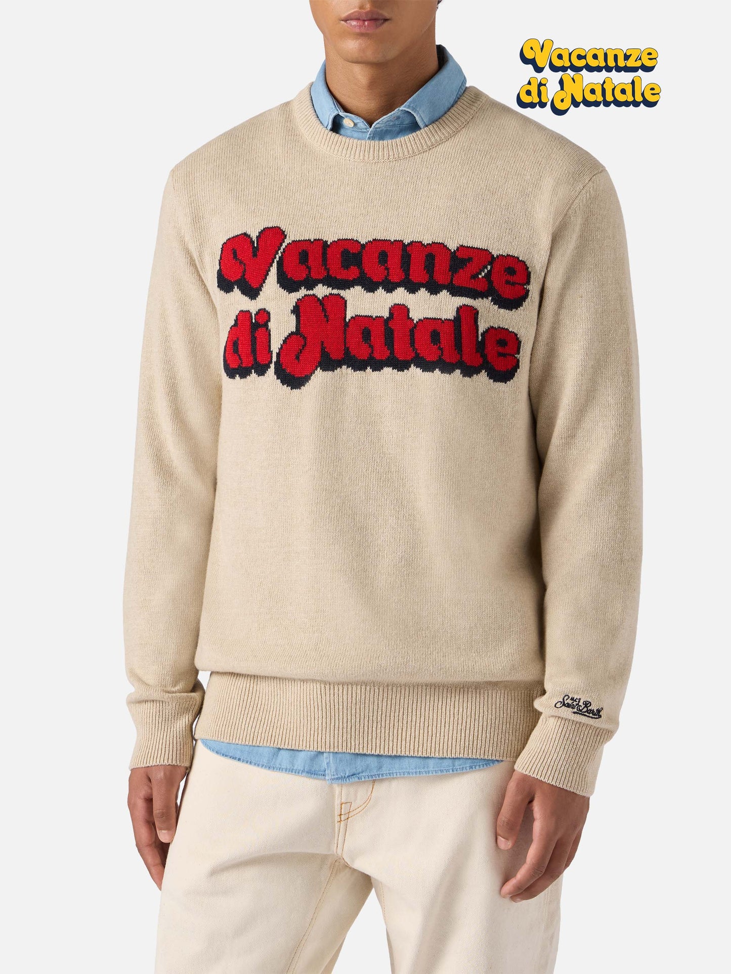 Beigefarbener Pullover Heron mit Vacanze di Natale-Jacquard | VACANZE DI NATALE SONDERAUSGABE